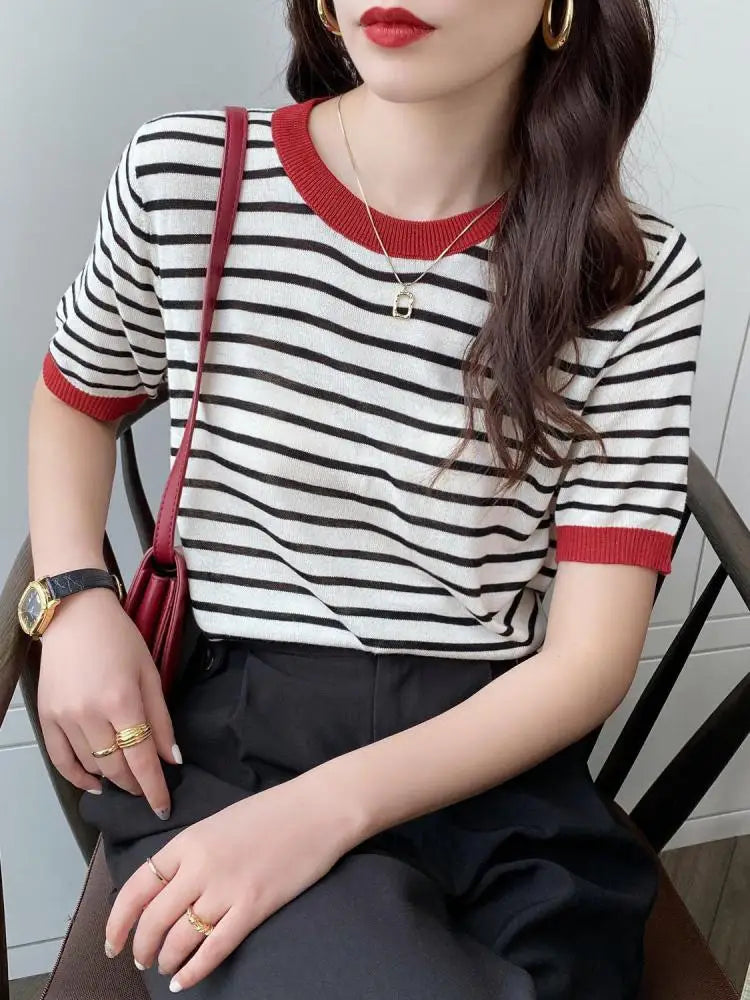 Stripe Tops Women Knitted Round Collar Summer T-Shirt