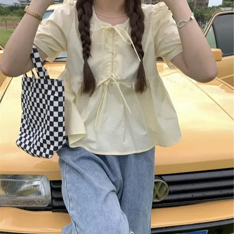 Ruffles Shirts and Blouses.  Short Sleeve Top Women. Summer Lace-up Sweet Blouses Cute Elegant Solid Sweet Folds Clothes
