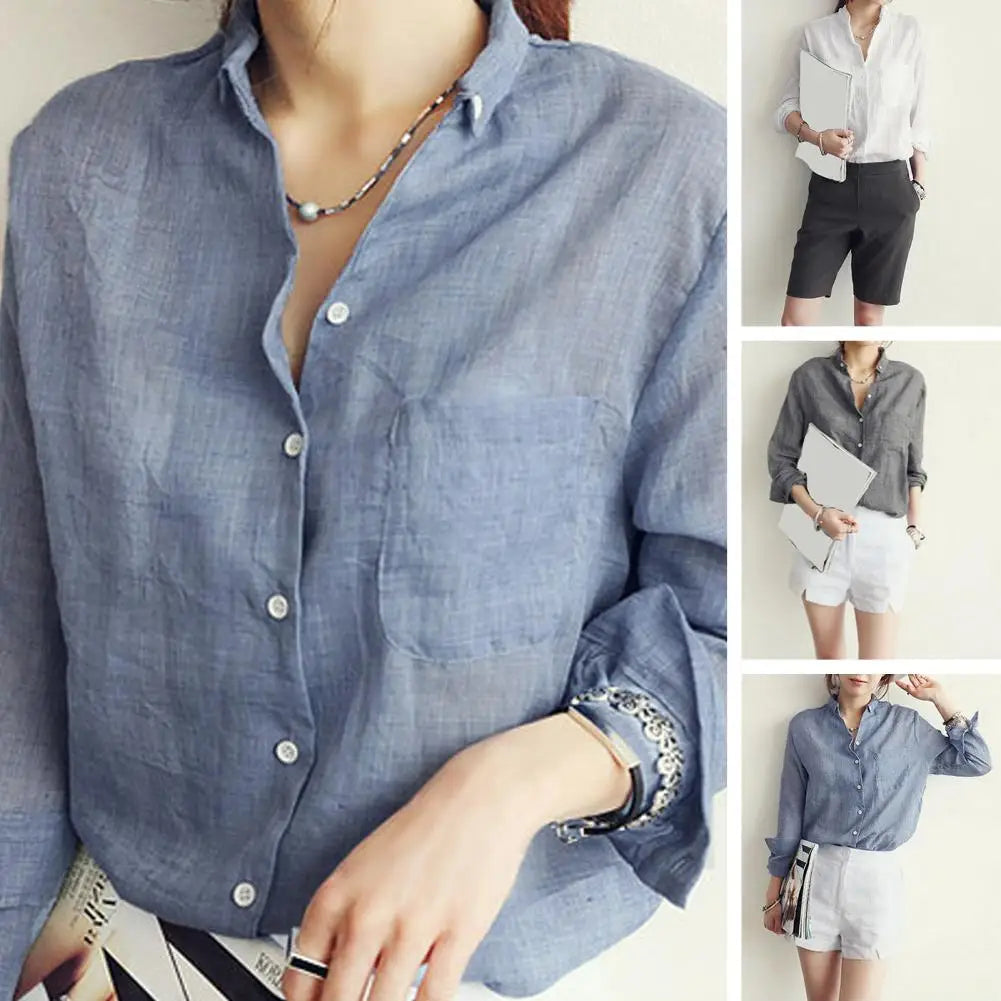 Women Autumn Korea Solid Cotton and Linen Blouse Vintage Solid Thin Loose Shirt - Casual Long Sleeve Korean Tops
