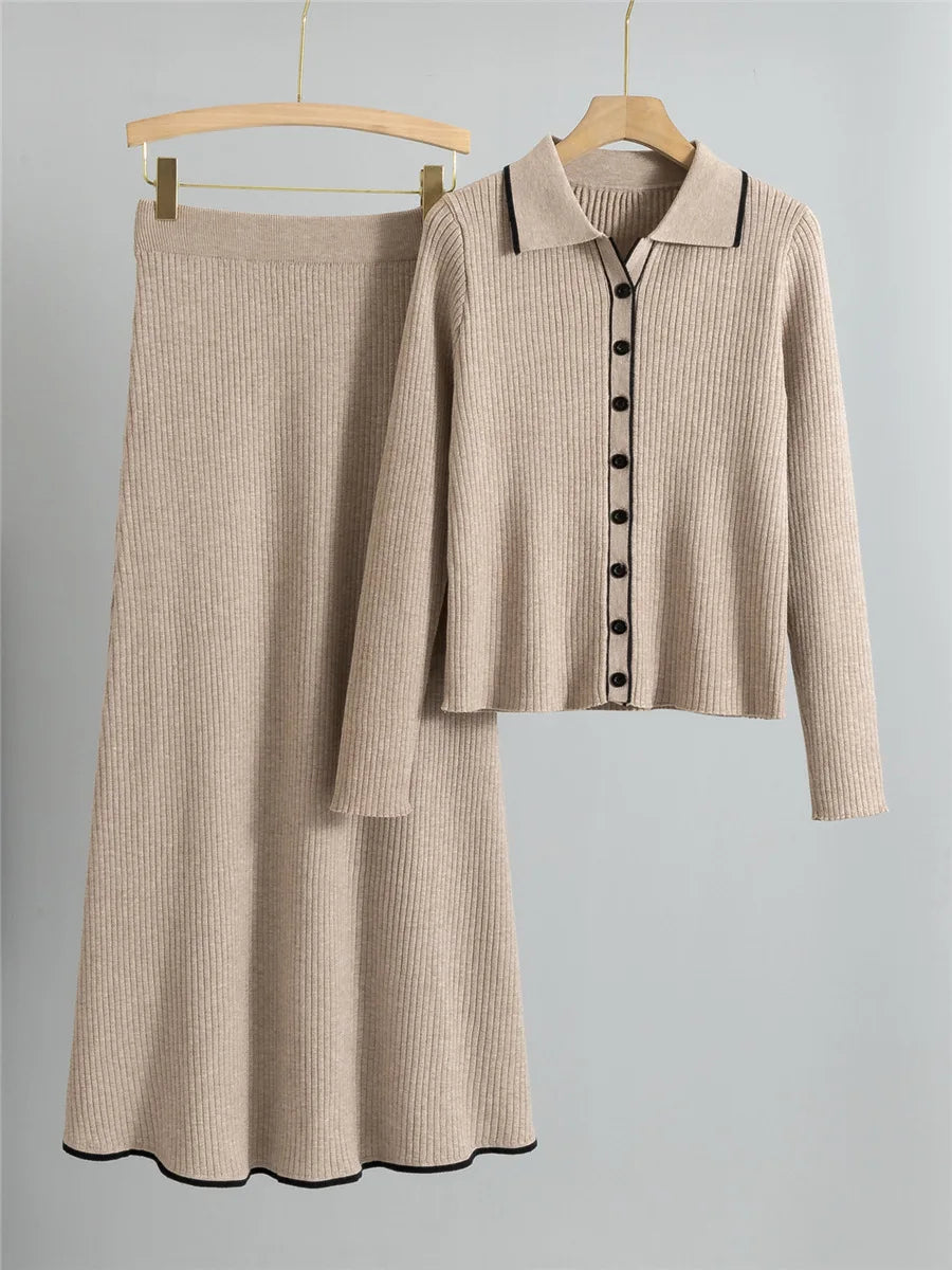 Knitted 2 Piece Sets Women Single Breasted Knit Sweater Cardigan Tops - High Waist Solid Skirts Outfit New