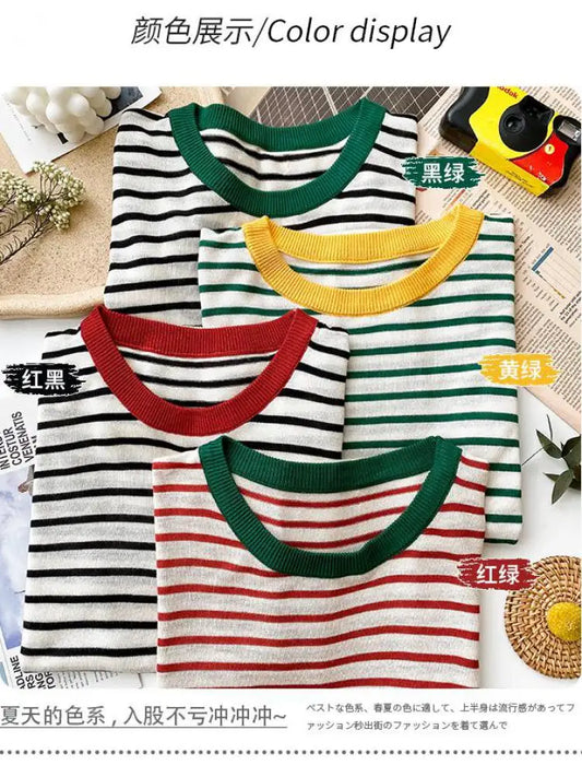 Stripe Tops Women Knitted Round Collar Summer T-Shirt