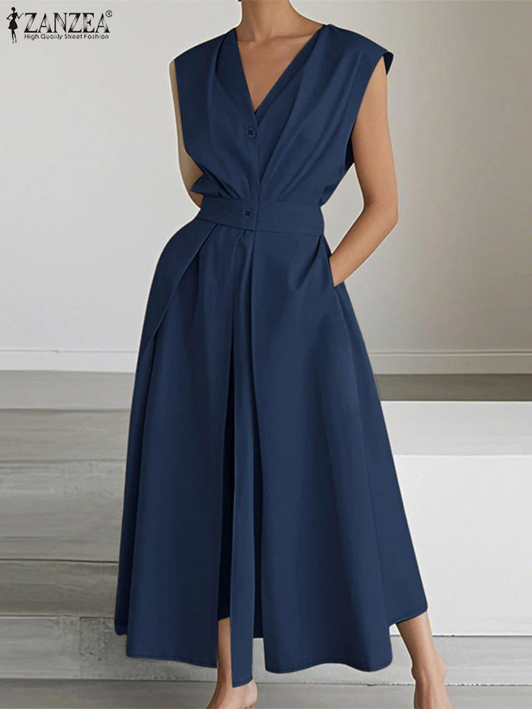 ZANZEA Women Fashion Maxi Dresses Solid Color Streetwear S-3XL