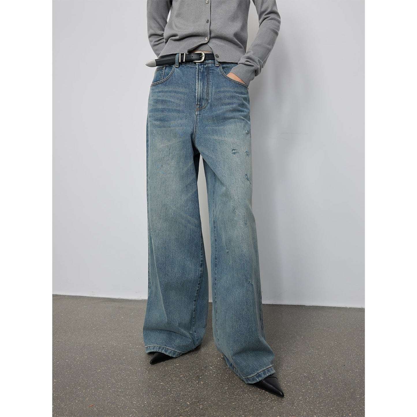 "90 Street" Retro Washed Distressed Straight Leg Wide Leg Low Crotch Jeans Women's Loose Pants-1