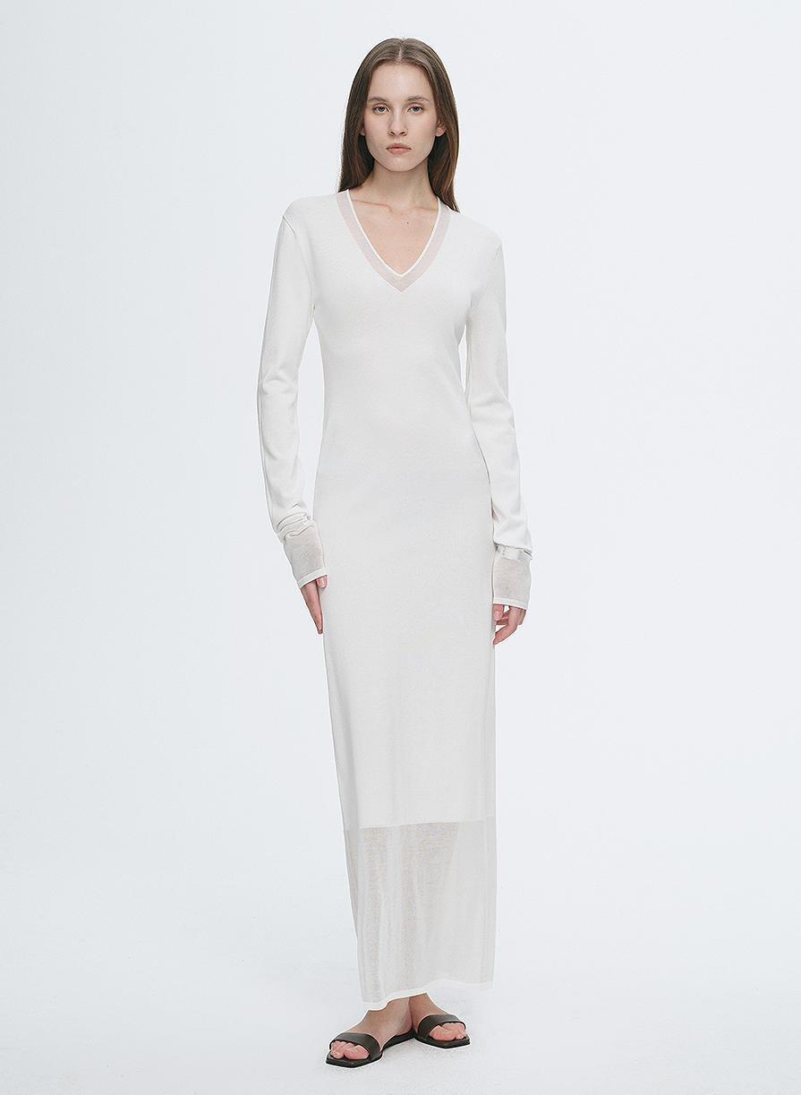 Elegant and intellectual triacetate Tencel blended skin-friendly transparent splicing design V-neck dress-6