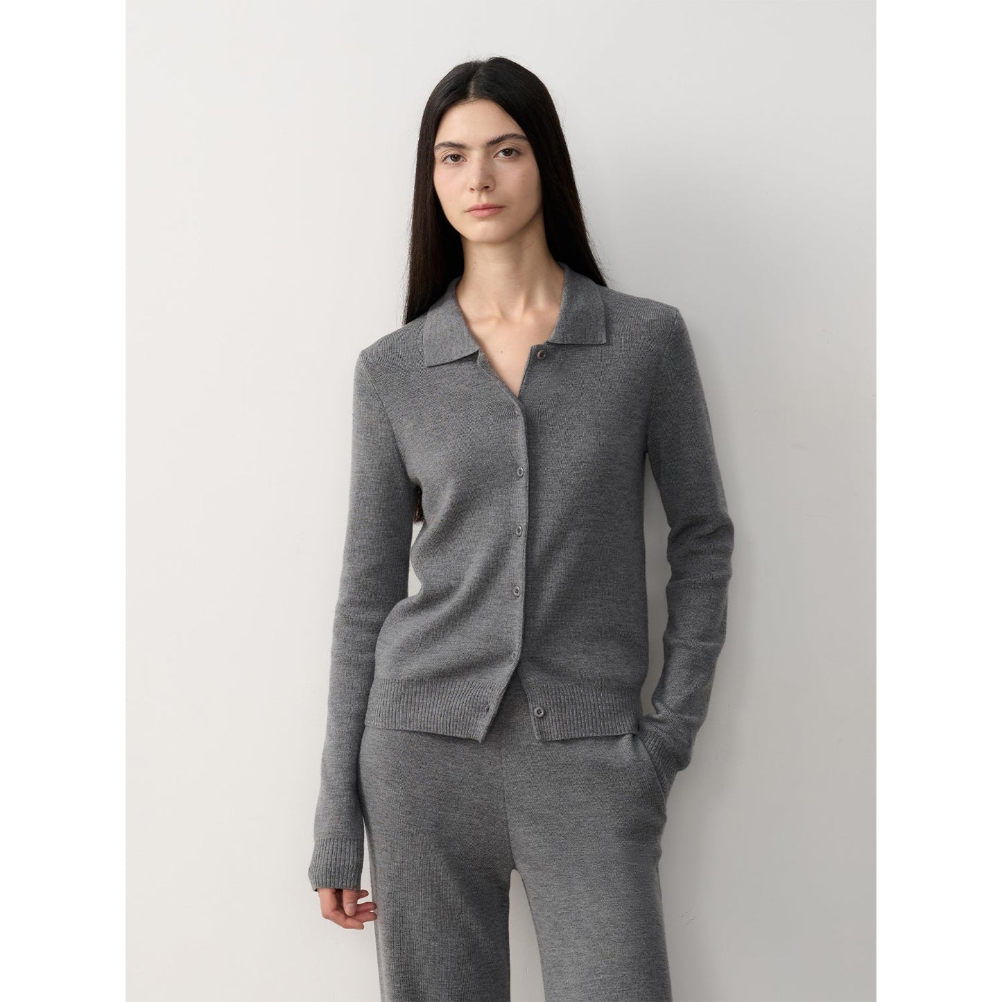 "Lazy urban" Yangtze Merino wool polo-neck cardigan straight-leg knitted pants suit-6