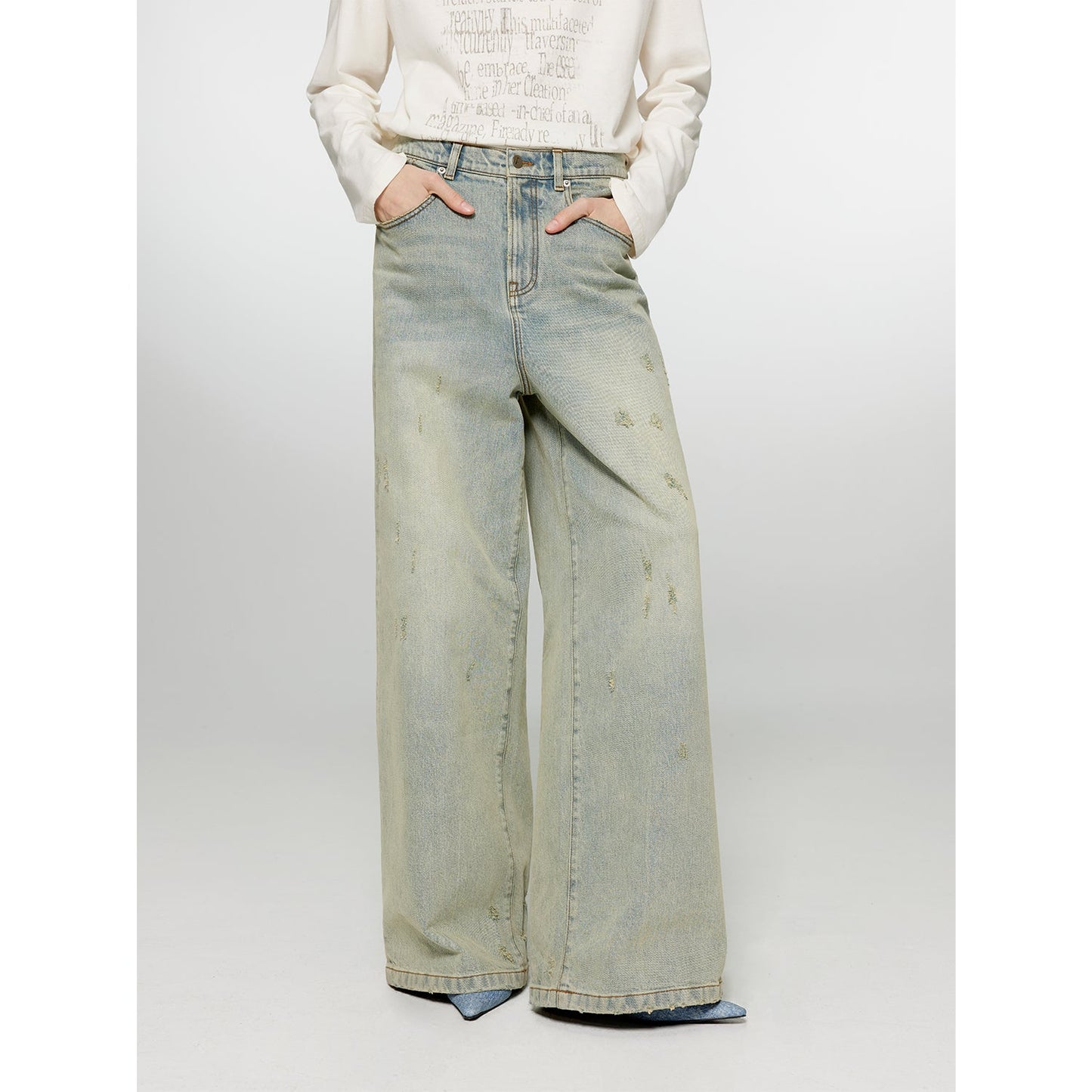 "90 Street" Retro Washed Distressed Straight Leg Wide Leg Low Crotch Jeans Women's Loose Pants-5