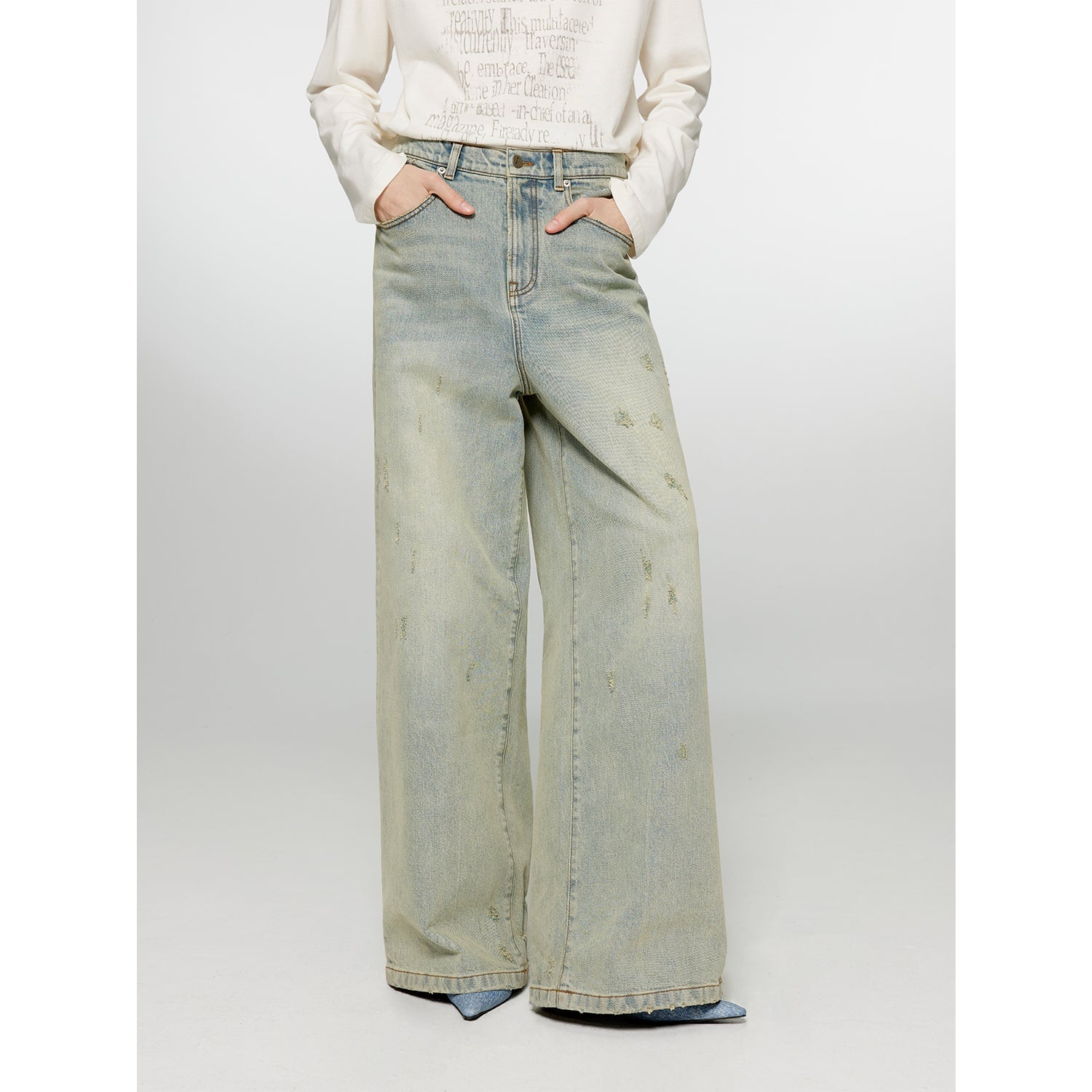 "90 Street" Retro Washed Distressed Straight Leg Wide Leg Low Crotch Jeans Women's Loose Pants-5