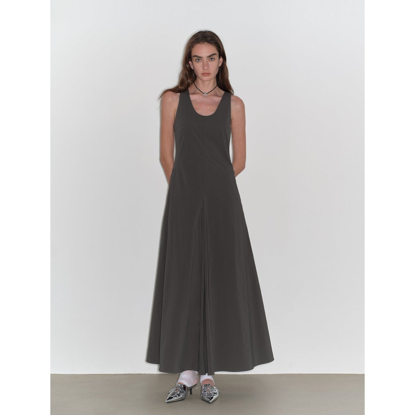 "Lake Bled" Simple and slim texture U-neck A-line slim fit vest dress-5