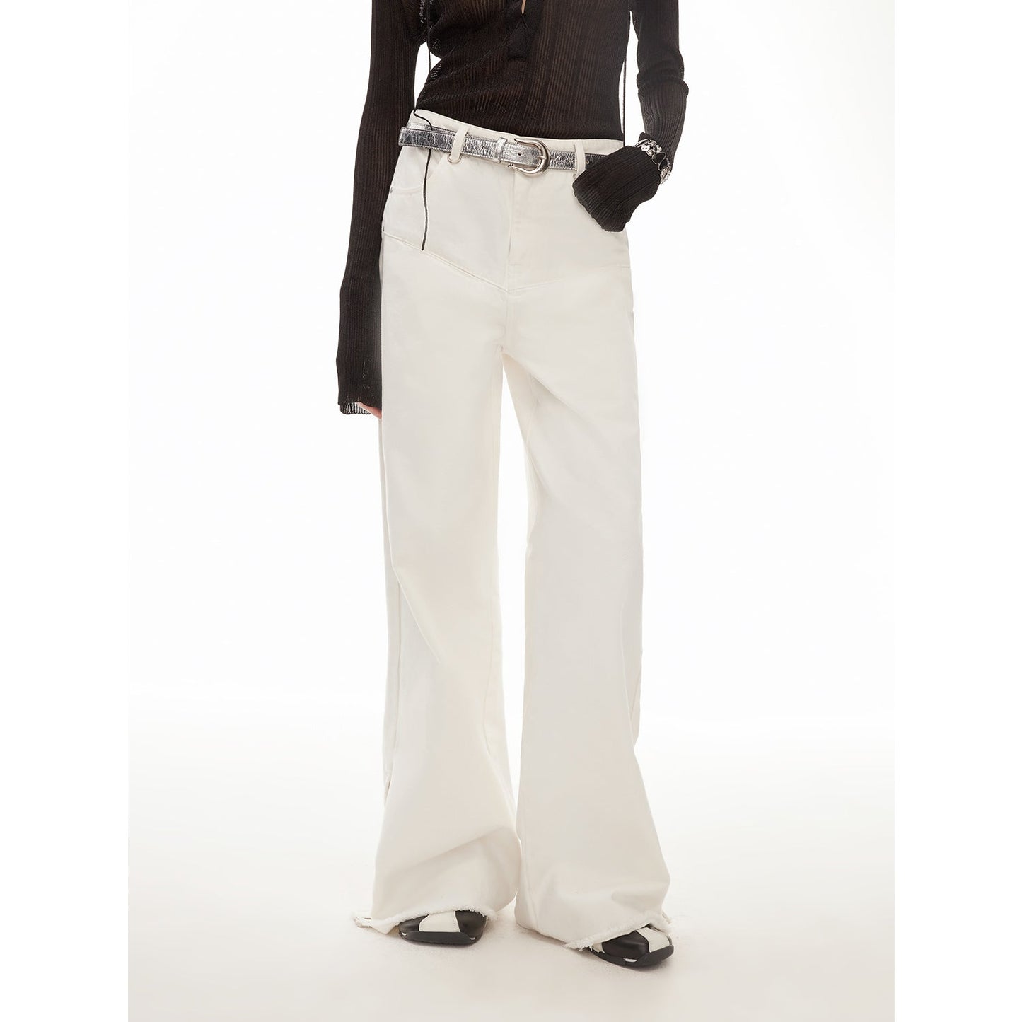 Vintage style curved split design enzyme wash process wide-leg micro-lapel mid-low waist denim pants-4