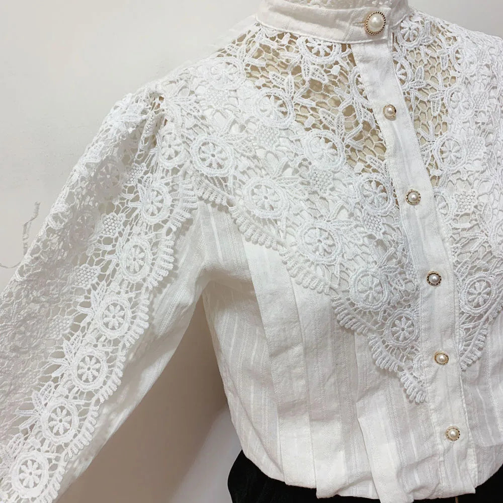 Vintage Solid Lace Blouse Shirts for Women - New Button Loose Shirt