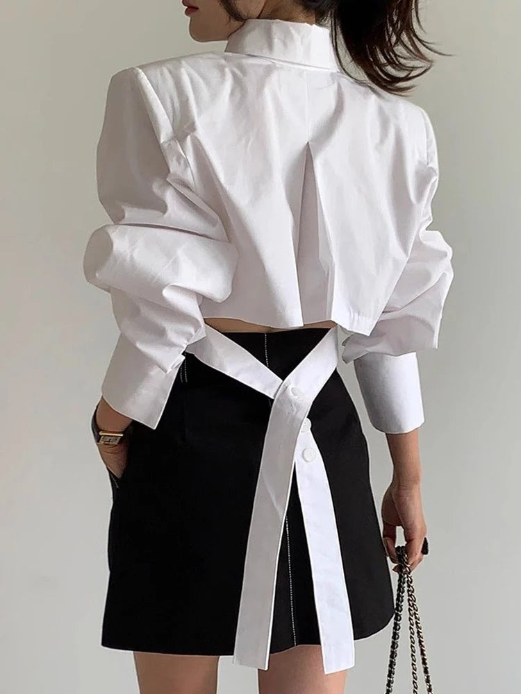 Cropped White Shirts for Women - Back Lace Up Design Blouse Vintage & Casual Long Sleeve