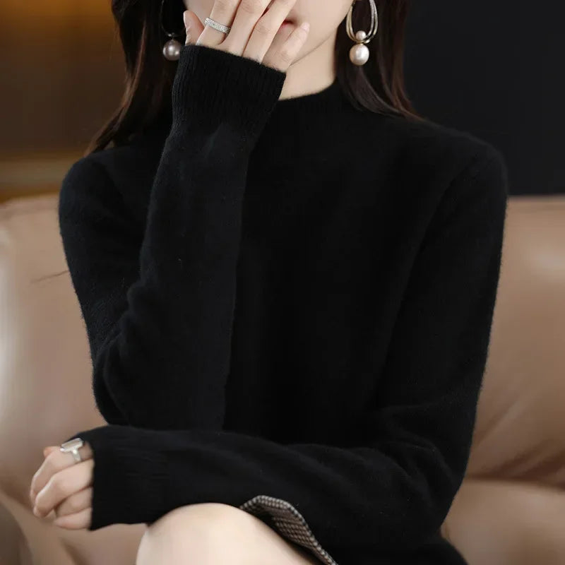 Autumn & Winter Women Sweater - Warm Bottoming Shirts Half High Collar Basic Knitwear Solid Long Sleeve Pullovers