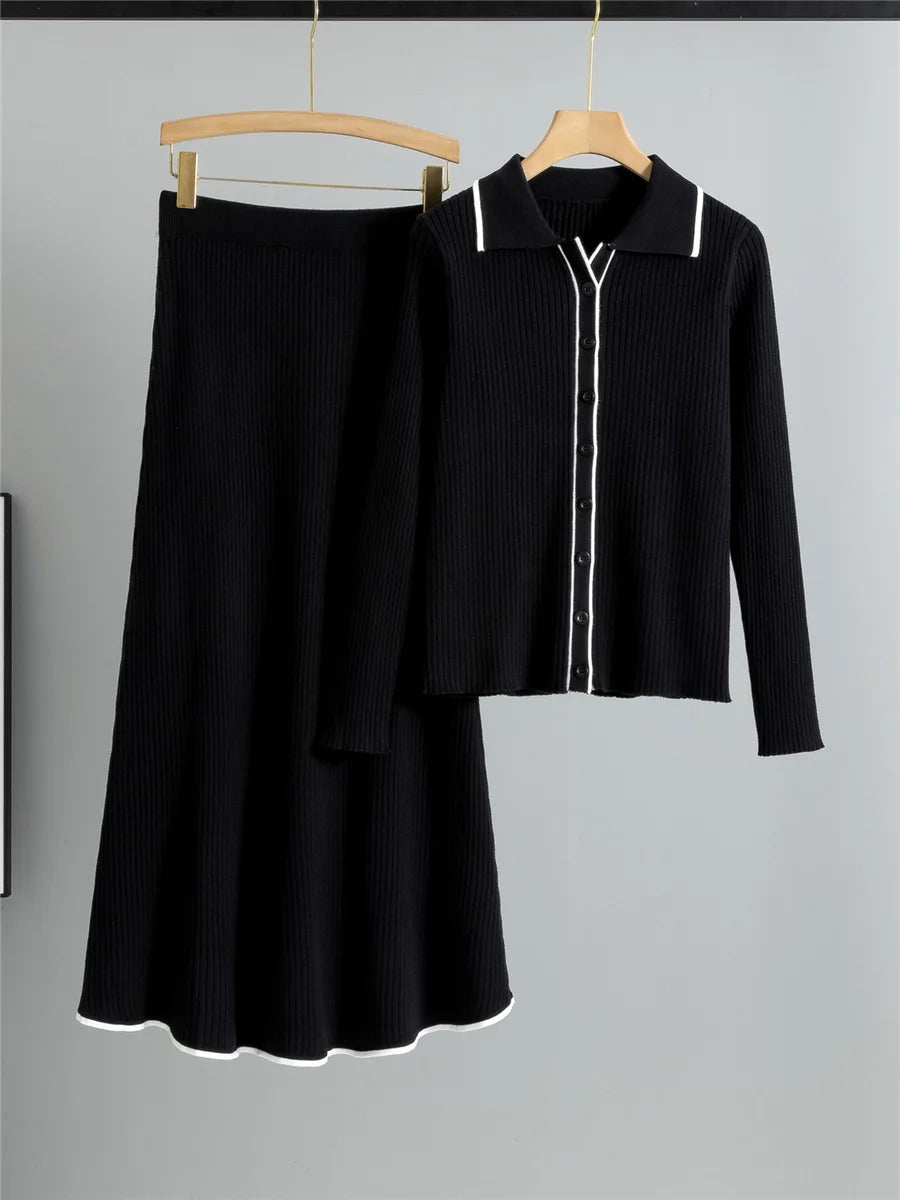 Knitted 2 Piece Sets Women Single Breasted Knit Sweater Cardigan Tops - High Waist Solid Skirts Outfit New