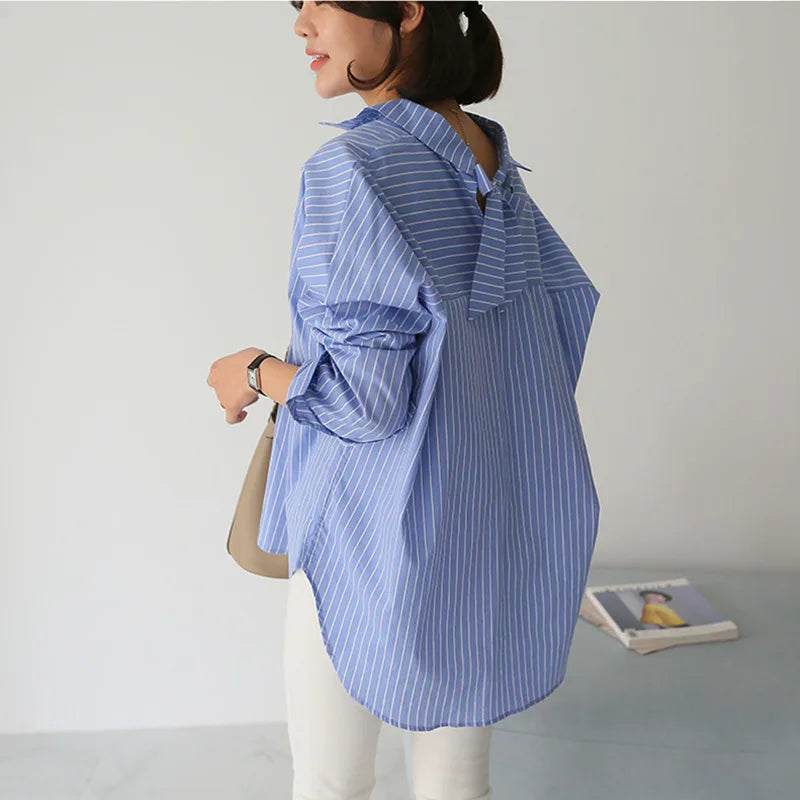 New Fashion Striped Style Women's Loose Long Sleeve Turn-down Collar Single-breasted Shirts
