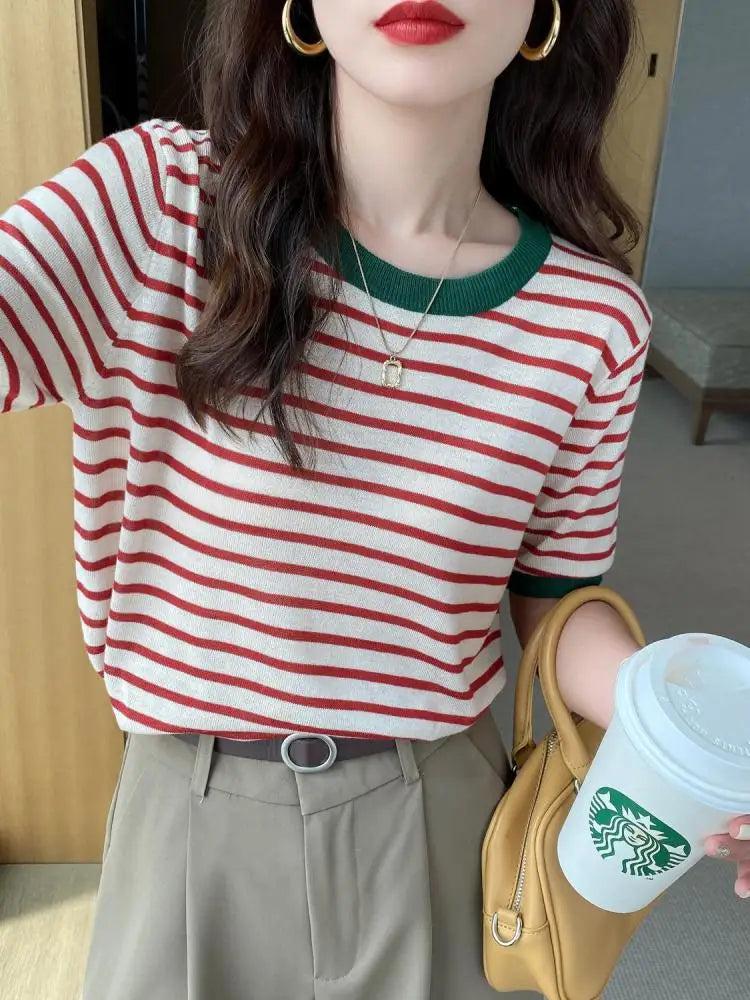 Stripe Tops Women Knitted Round Collar Summer T-Shirt