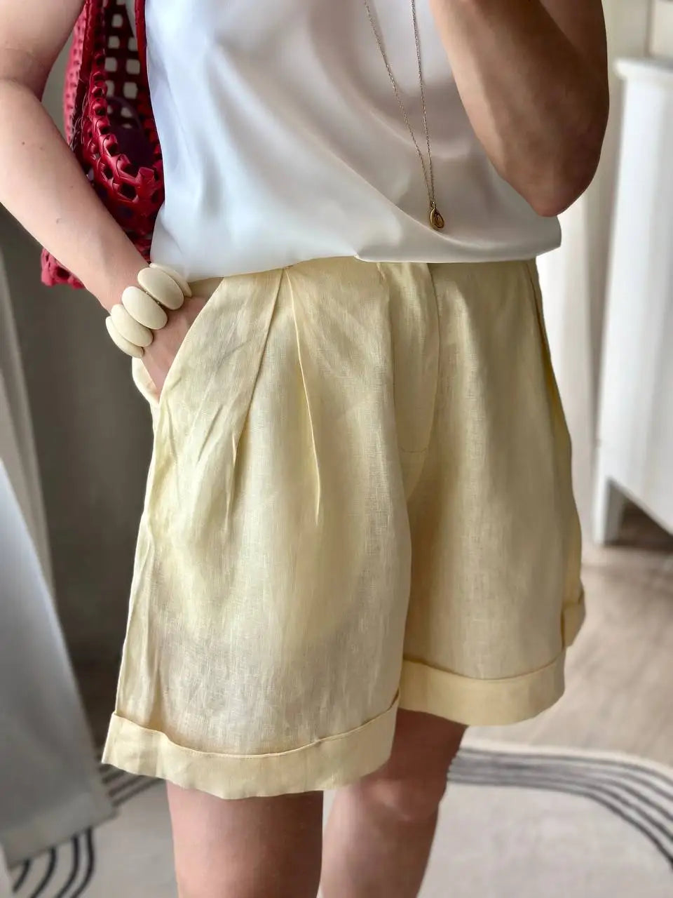 Summer Style Lazy Linen Curled Bermuda Shorts Wide Leg Loose Slim For Women