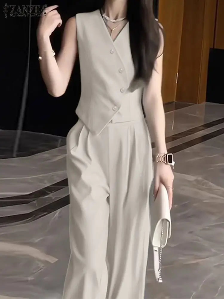ZANZEA Summer Women 2-Piece Sets Irregular Vests Tops Fashion Solid Elegant Pant Sets Commute Wide Leg Trouser Outfits
