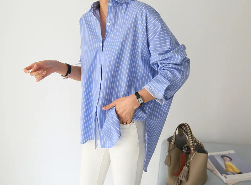 New Fashion Striped Style Women's Loose Long Sleeve Turn-down Collar Single-breasted Shirts