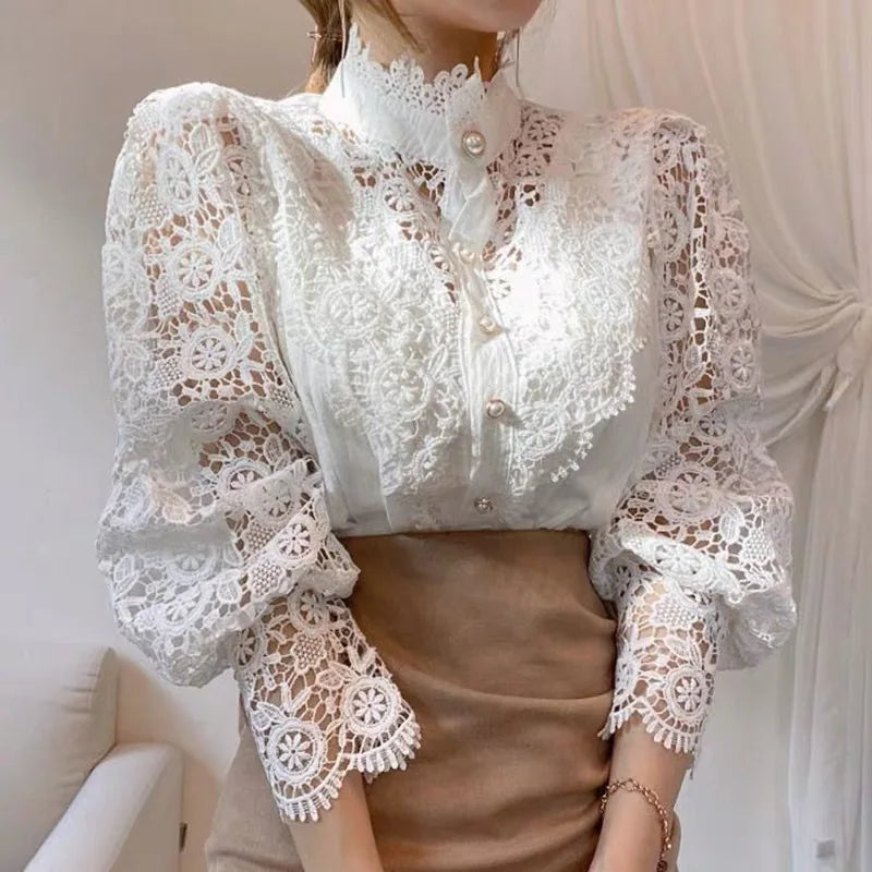 Vintage Solid Lace Blouse Shirts for Women - New Button Loose Shirt