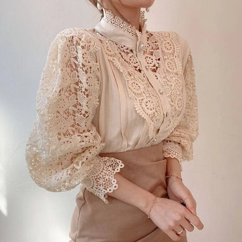 Vintage Solid Lace Blouse Shirts for Women - New Button Loose Shirt
