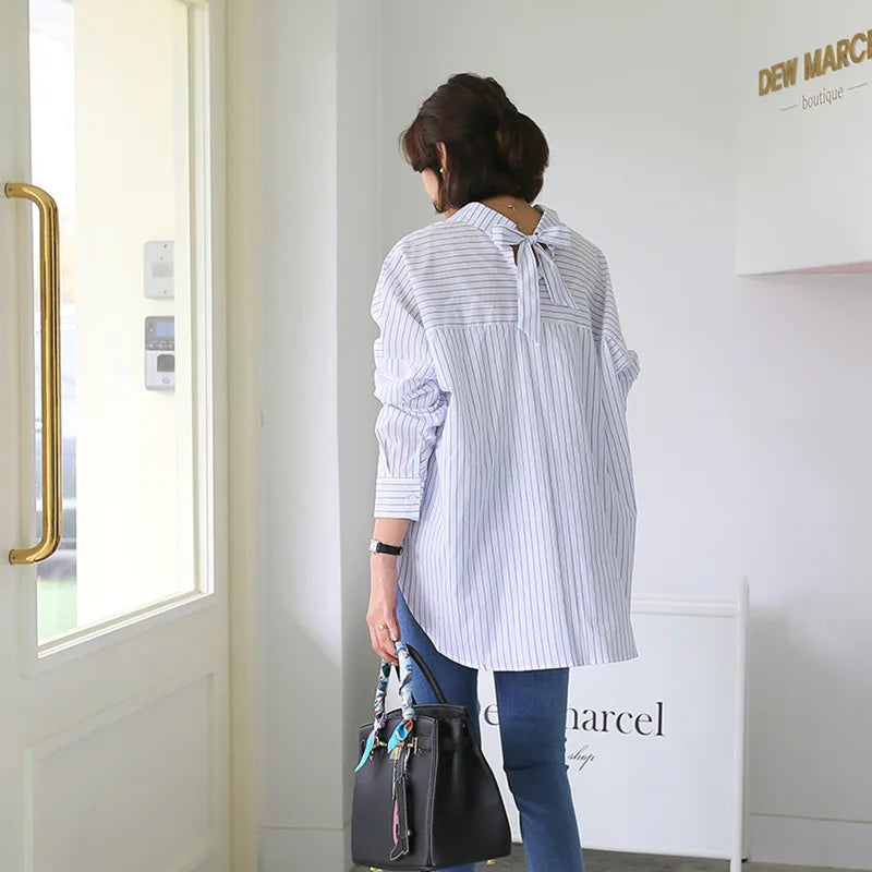 New Fashion Striped Style Women's Loose Long Sleeve Turn-down Collar Single-breasted Shirts