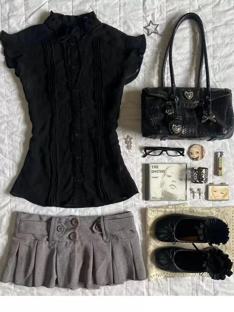 Summer New black Ruffl Fashion Elegant Blouse