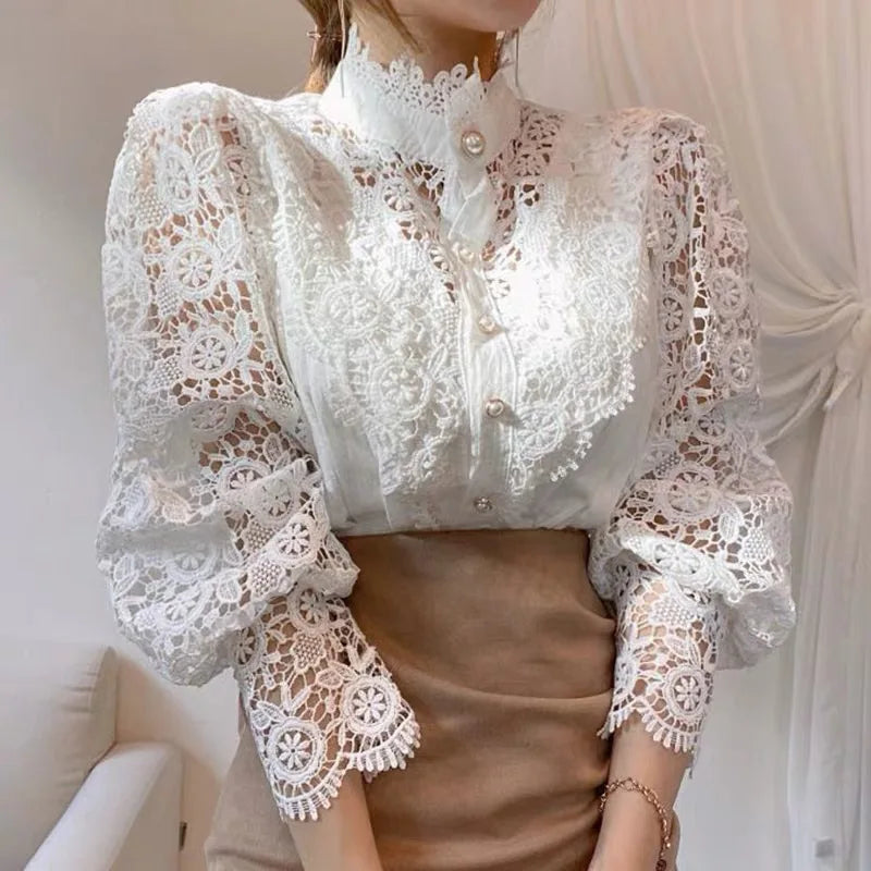 Vintage Solid Lace Blouse Shirts for Women - New Button Loose Shirt