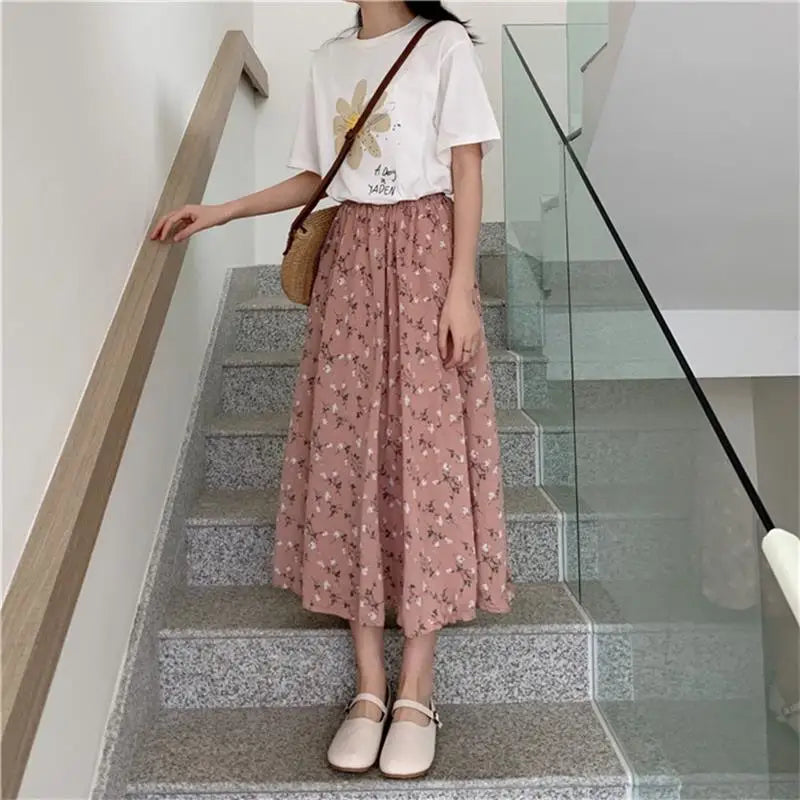Vintage Floral Print A-line Pleated  Elastic Waist Midi Skirt