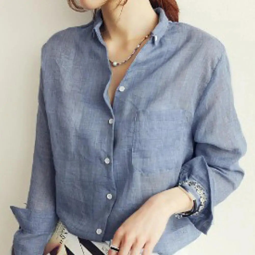 Women Autumn Korea Solid Cotton and Linen Blouse Vintage Solid Thin Loose Shirt - Casual Long Sleeve Korean Tops