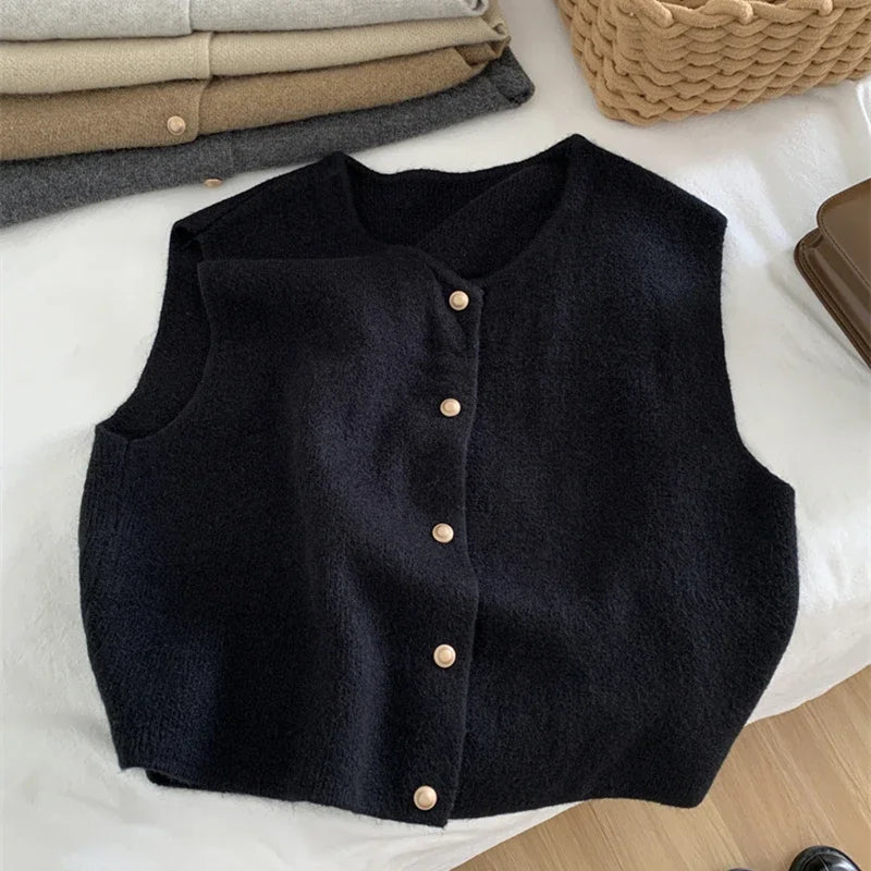 Women Sweater Vest Gold Button Up Waistcoat Soft Knitted Sleeveless Cardigan Jacket Top Fall Winter Ladies Chic Outfit