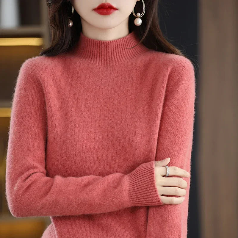 Autumn & Winter Women Sweater - Warm Bottoming Shirts Half High Collar Basic Knitwear Solid Long Sleeve Pullovers
