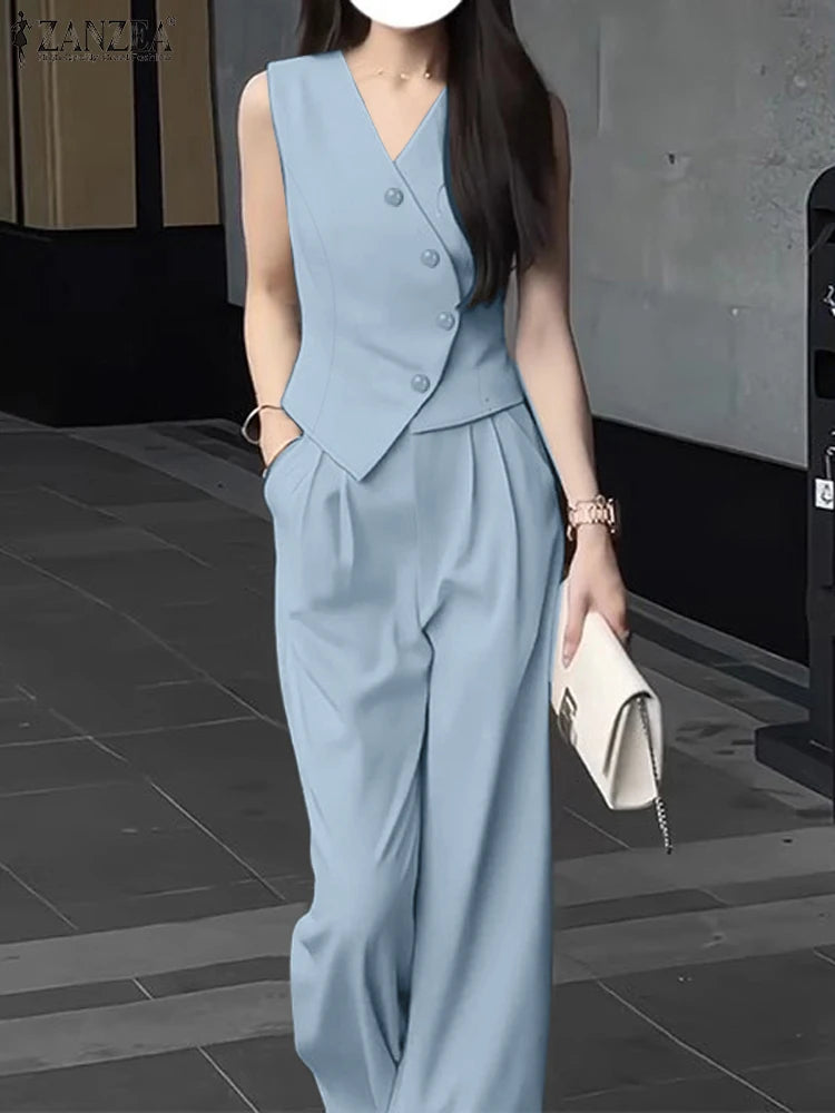 ZANZEA Summer Women 2-Piece Sets Irregular Vests Tops Fashion Solid Elegant Pant Sets Commute Wide Leg Trouser Outfits