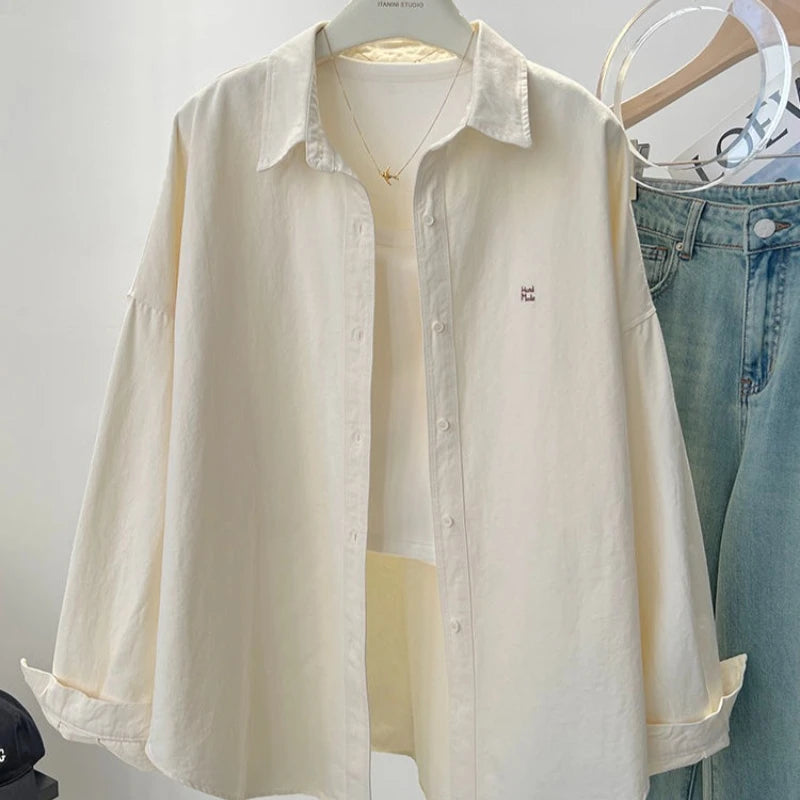 Ladies Long Sleeve Letter Embroidered Elegant Chic Woman Shirt