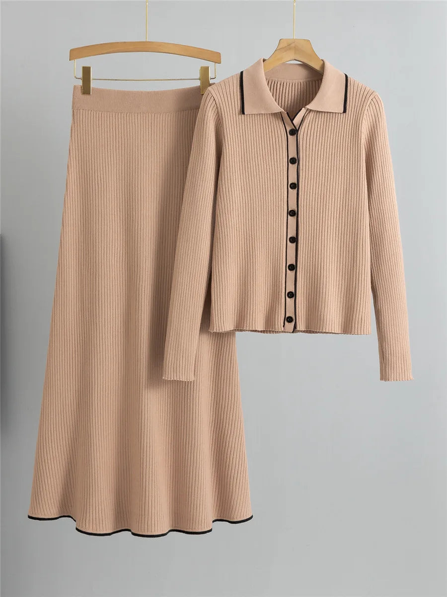 Knitted 2 Piece Sets Women Single Breasted Knit Sweater Cardigan Tops - High Waist Solid Skirts Outfit New