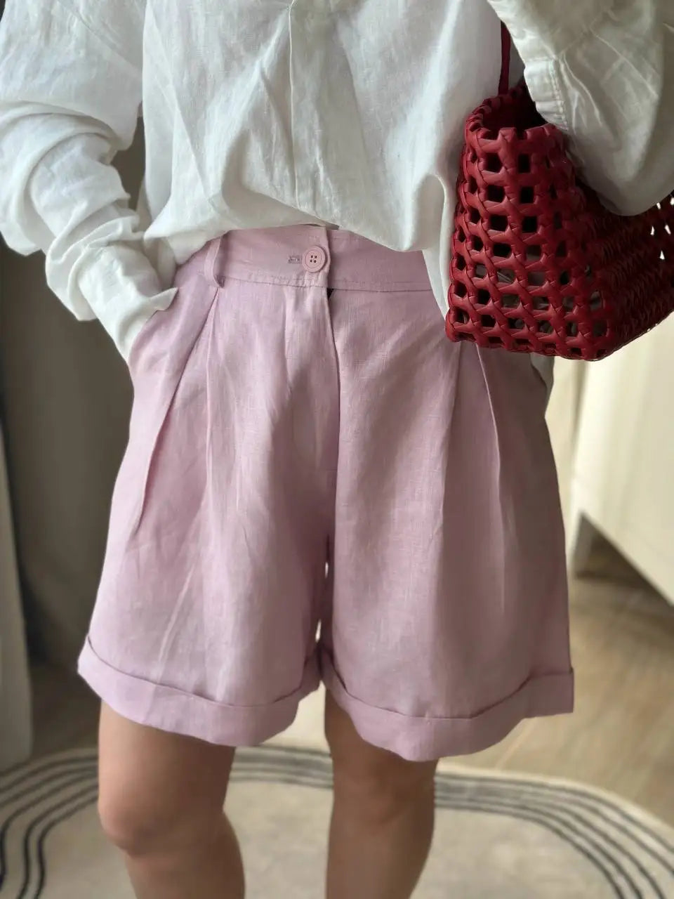 Summer Style Lazy Linen Curled Bermuda Shorts Wide Leg Loose Slim For Women
