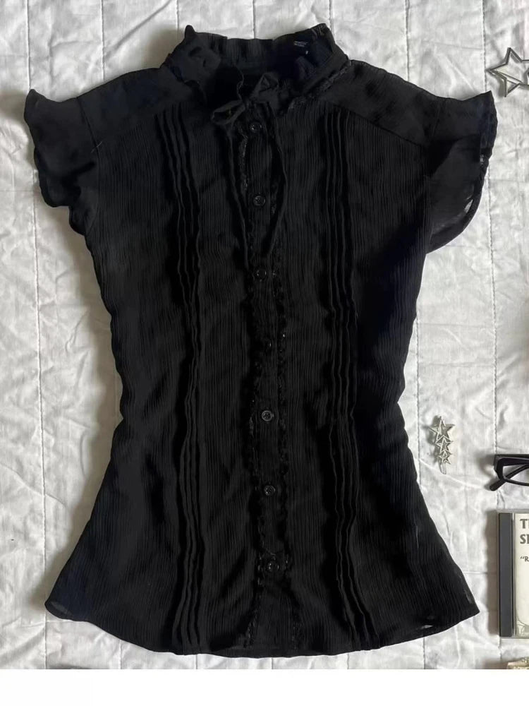 Summer New black Ruffl Fashion Elegant Blouse