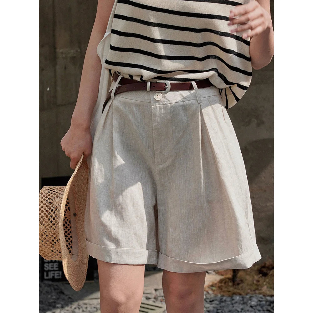 Summer Style Lazy Linen Curled Bermuda Shorts Wide Leg Loose Slim For Women