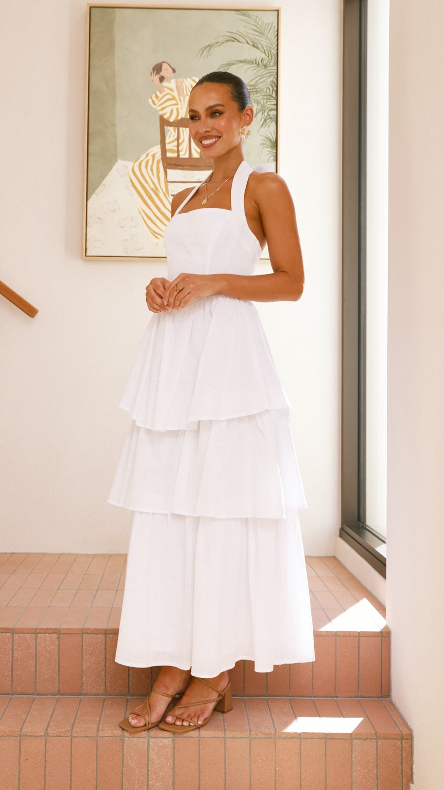White Crepe Tiered Maxi Dress with Halter Neck & Back Tie Bow-3