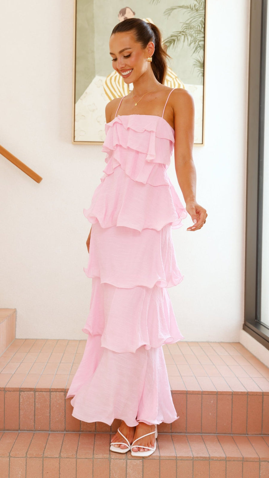 Pink Crepe Layered Ruffle Maxi Dress-2