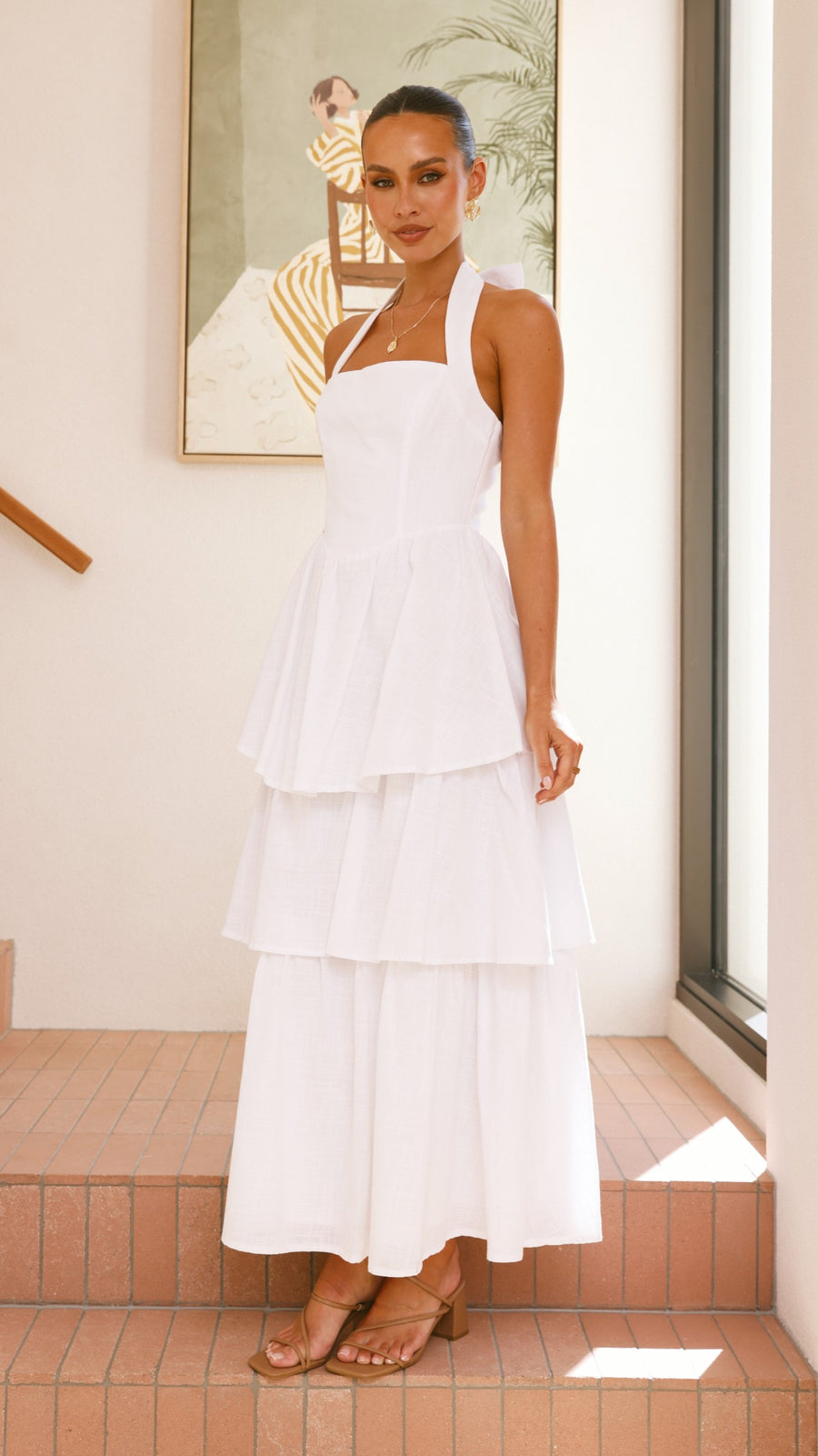 White Crepe Tiered Maxi Dress with Halter Neck & Back Tie Bow-0